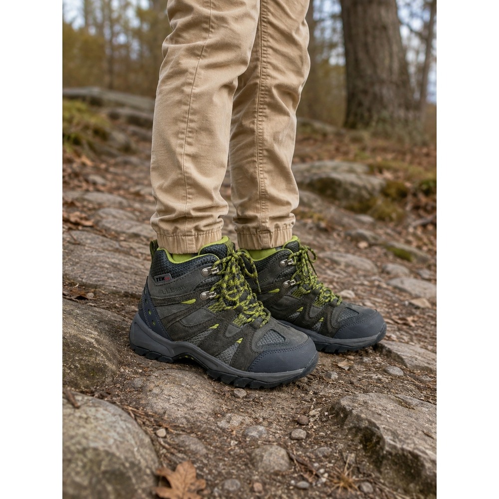 LL Bean Trail Model Hiking Boots Kids 2 Green Waterproof TEK2.5 Suede Mesh Hiker